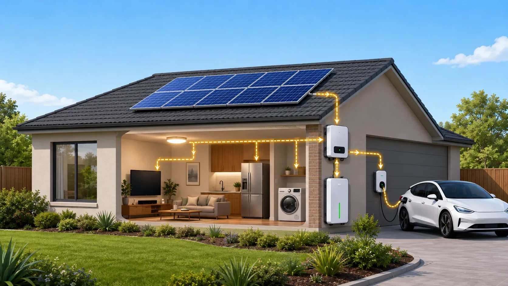 Solar panels on a rooftop powering a home - energy flows to lights, appliances, a battery, and an EV charger